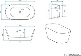 Erga Rhea, voľne stojaca vaňa 150x75 cm + odtoková zátka, biela lesklá, ERG-RHEA-150075-WH-WH