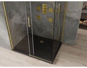 Mexen Omega, sprchový kút s posuvnými dverami 100 (dvere) x 80 (stena) cm, 8mm číre sklo, zlatý profil + slim sprchová vanička čierna + zlatý sifón, 825-100-080-50-00-4070G