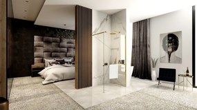 Rea Aero, sprchová zástena typu Walk-In 120cm, 8mm číre sklo, zlatý lesklý profil + polička a vešiak EVO, KPL-K8443