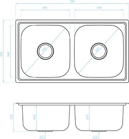Kuchinox Standard, 2-komorový nerezový drez 780x430x195 mm, drážkovaný dekor, oceľová, LAV-SKS_320T