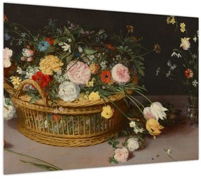 Sklenený obraz - Jan Brueghel the Elder, Flowers in a Basket and a Vase, reprodukcia (70x50 cm)