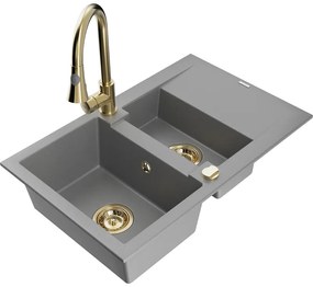Mexen Gaspar, 1,5-komorový granitový drez 737x475x177 mm a drezová batéria Elia, šedá, 6507-71-670101-50