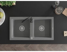 Mexen Mario, 2-komorový granitový drez 820x436x161 mm a čierna drezová batéria Telma, šedá, 6504-71-670200-70