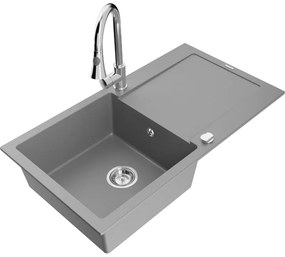 Mexen Leo, 1-komorový granitový drez 900x500x190 mm a drezová batéria Elia, šedá, 6501-71-670101-00