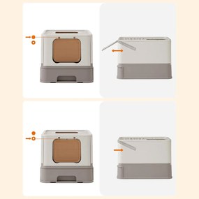 Toaleta pre mačky s vekom a výsuvným podnosom, krytá podstielka, sivá