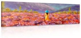 Obraz dievča v žltých šatách v levanduľovom poli