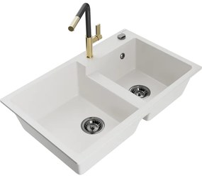 Mexen Tomas, 2-komorový granitový drez 800x500x190 mm a drezová batéria Flora, biela, 6516-20-670401-57-B