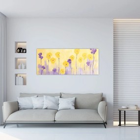 Obraz - Fialové a žlté kvietky (120x50 cm)