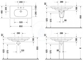 DURAVIT D-Code umývadlo nábytkové 850x480 mm, s 1 otvorom na batériu, biela, 03428500002