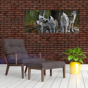 Obraz - Vlci na skale (120x50 cm)