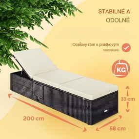 InternetovaZahrada Záhradné ratanové lehátko čierne - krémová poduška