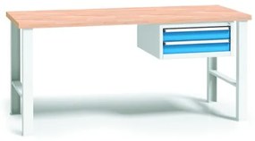Výškovo nastaviteľný pracovný stôl do dielne WL so závesným boxom na náradie, buková škárovka, 2 zásuvky, 1500 x 685 x 840 - 1050 mm