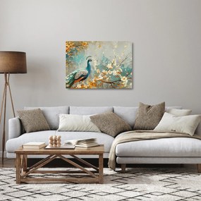 Sklenený obraz - Páv so zlatým dekorom (70x50 cm)