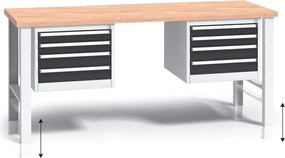Výškovo nastaviteľný pracovný stôl do dielne G3 s 2 závesnými boxami na náradie, buková škárovka, 8 zásuviek, 2000 x 685 x 840 - 1050 mm, grafit