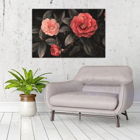 Obraz - Červené kvety na tmavom pozadí (90x60 cm)