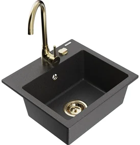 Mexen Milo, 1-komorový granitový drez 435x410x171 mm a zlatá batéria Telma, čierna škvrnitá, 6505-76-670200-50