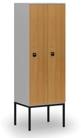 Drevená šatníková skrinka s podnožou, 2 oddiely, 1871 x 600 x 500 mm, RFID zámok, sivá/buk