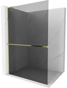 Mexen Kioto+ L, sprchová zástena Walk-In s poličkou a vešiakom 120 x 200 cm, 8mm šedé sklo, zlatý lesklý profil,800-120-123-50-40