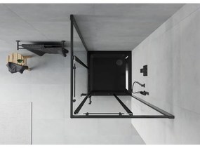 Mexen Rio, štvorcový sprchovací kút s posuvnými dverami 80 x 80 cm, 6mm číre sklo, čierny profil + čierna sprchová vanička, 860-080-080-70-00-4070B
