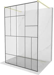 Mexen Kioto, sprchová zástena Walk-In 140 x 200 cm, 8mm sklo čierny vzor, zlatý matný profil, 800-140-002-55-78