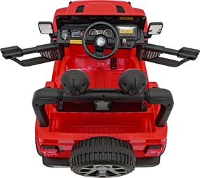 Ramiz Jeep Wrangler Rubicon na batérie pre deti červený + diaľkové ovládanie + rádio MP3 LED + kolesá EVA