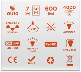 BERGE LED žiarovka - GU10 - SMD 2835 - 7W - 590Lm - neutrálna biela