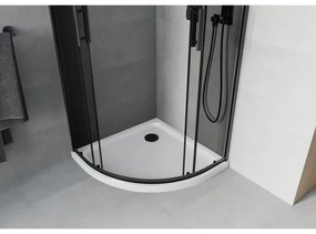 Mexen Rio, štvrťkruhový sprchovací kút s posuvnými dverami 90(dvere) x 90(dvere) x 190 cm, 6mm šedé sklo, čierny profil + biela sprchová vanička Slim, 863-090-090-70-40-4110B