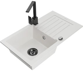 Mexen Pablo, granitový drez 752x436x161 mm, 1-komorový a čierna batéria Rita, biela, 6510-20-670300-70