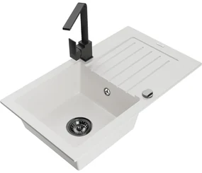 Mexen Pablo, granitový drez 752x436x161 mm, 1-komorový a čierna batéria Rita, biela, 6510-20-670300-70