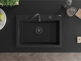 Mexen Elix, 1-korový granitový drez 700 x 500 mm, čierna/strieborná metalíza, čierny sifón, 6526701005-73-B
