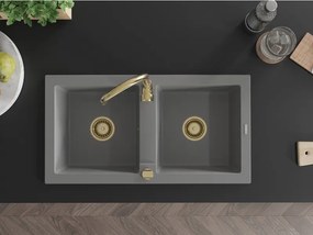 Mexen Mario, granitový drez 820x436x161 mm, 2-komorový, šedá so zlatým sifónom, 6504822000-71-G