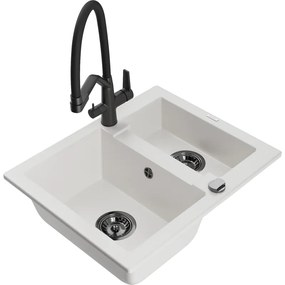Mexen Carlos, 1,5-komorový granitový drez 582x475x177 mm a drezová batéria Duo, biela, 6518-20-671701-70-B