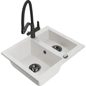 Mexen Carlos, 1,5-komorový granitový drez 582x475x177 mm a drezová batéria Duo, biela, 6518-20-671701-70-B
