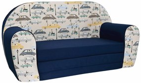 Detská rozkladacia MINI pohovka Retro auta - tmavo modrá/krémová