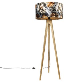 Vintage stojaca lampa drevený tienidlo kvetinový vzor 50 cm - Tripod Classic