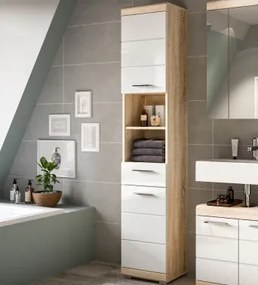 Vysoká kúpeľňová skrinka Lambada, dub sonoma/biela lesk%