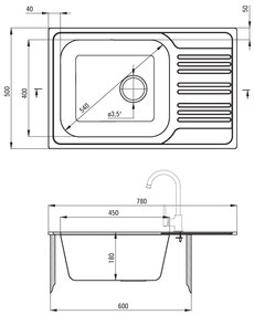 Deante Xylo, nerezový drez na dosku 1-komorový Z/KO 780x500x180 3,5" + sifón, vzor satyna, ZEX_011B