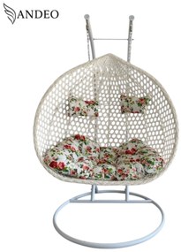 Závesné hojdacie dvojkreslo FIORI EXTRA nosnosť 250kg - biele s kvetovanými vankúšmi