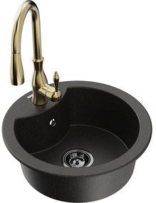 Mexen Diego, 1-komorový granitový drez 488x488x167 mm a drezová batéria Savita, čierna-zlatá metalíza, 6512-75-672601-50-B