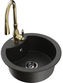 Mexen Diego, 1-komorový granitový drez 488x488x167 mm a drezová batéria Savita, čierna-zlatá metalíza, 6512-75-672601-50-B