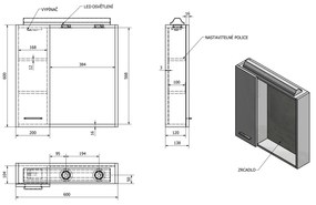 Aqualine Aqualine, ZOJA/KERAMIA FRESH galérka s LED osvetlením 60x60x14cm, ľavá,dub platin, 45027