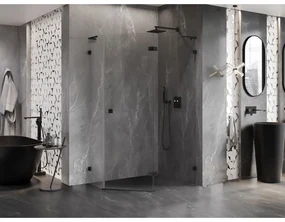 Mexen Lunar, L pravý výklopný päťuholníkový sprchový kút 100 x 90 cm, 8mm číre sklo, čierny profil, 831L-100P-090L-70-00-P