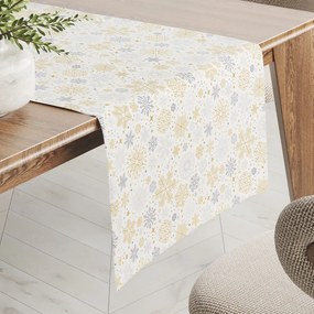 Biante Saténový behúň na stôl LUP-505 Zlato-strieborné vločky na bielom 20x120 cm