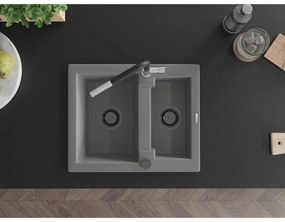 Mexen Carlos, 1,5-komorový granitový drez 582x475x177 mm a drezová batéria Flora, šedá, 6518-71-670401-07-B