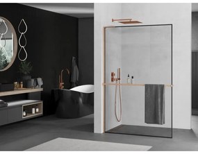 Mexen Kioto+ L, sprchová zástena Walk-In s poličkou a vešiakom 110 x 200 cm, 8mm číre sklo čierny vzor, medený matný profil, 800-110-123-65-70