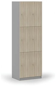 Drevená šatníková skrinka s úložnými boxmi, 6 boxov, cylindrický zámok, sivá/dub prírodný