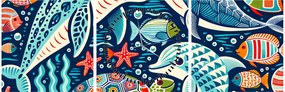 Obraz – Kreslené vodné zvieratká (s hodinami) (90x30 cm)