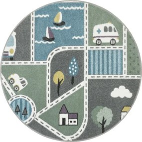 Detský koberec C262A Ulice svetlosivý / zelený / tyrkysový kruh