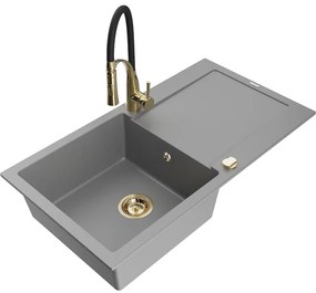 Mexen Leo, granitový drez 900x500x190 mm, 1-komorový a drezová batéria Aster, šedá, 6501-71-73450-57-G
