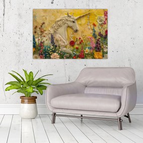 Obraz - Jednorožec s kvetinami (90x60 cm)